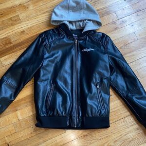 Zara Black Faux Rolling Stones Leather Jacket with Removable Gray Hood